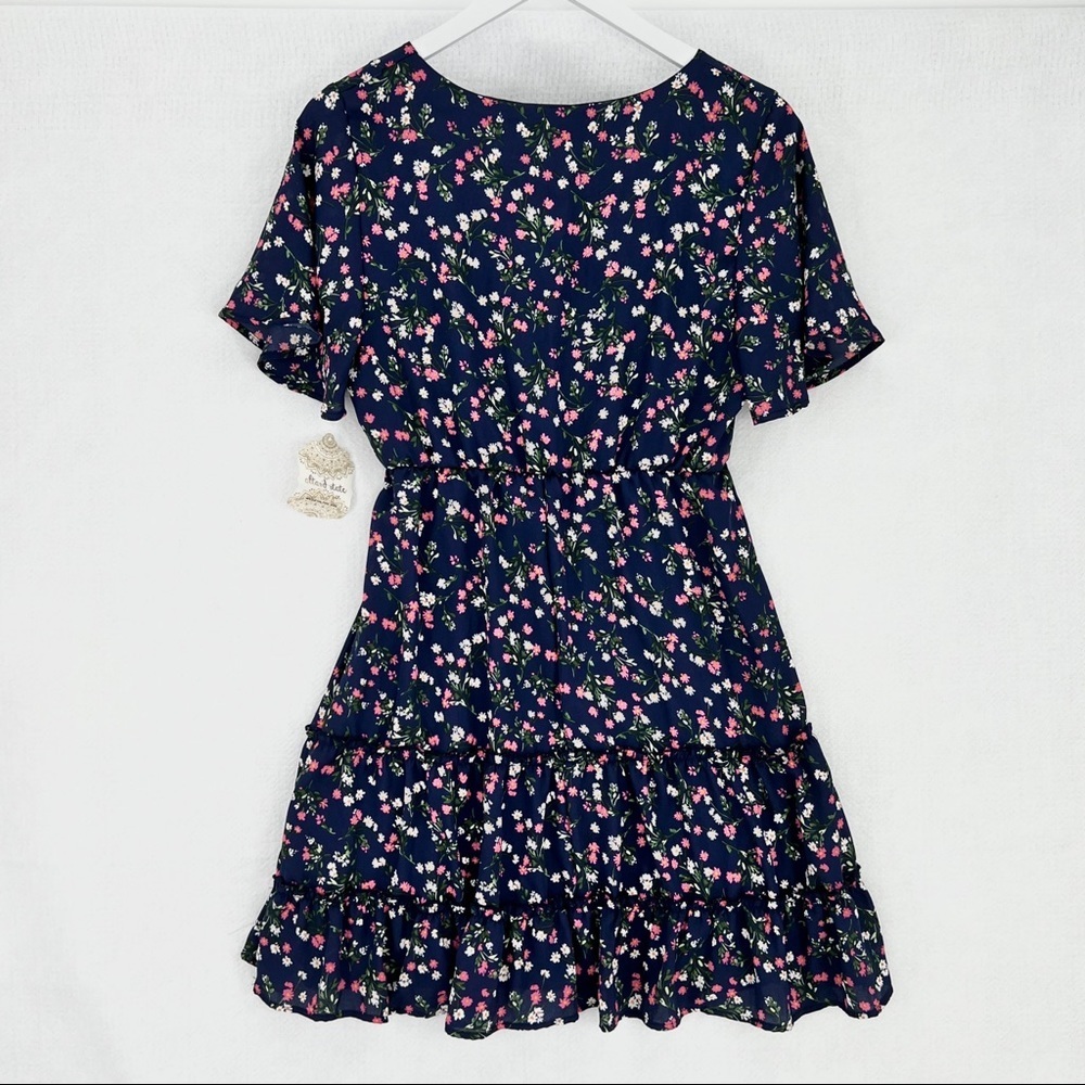Altar'd State Navy Blue Floral Martha Flutter Sleeve Surplice Mini Dress M - Picture 6 of 10